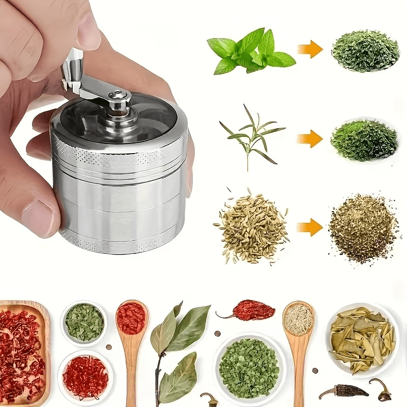 4-Layer Hand Crank Spice Grinder, Manual Aluminum Herb Mill with Handle, Magnetic Lid, Fine Mesh Filter for Spices, Dried Herbs, Coffee Beans