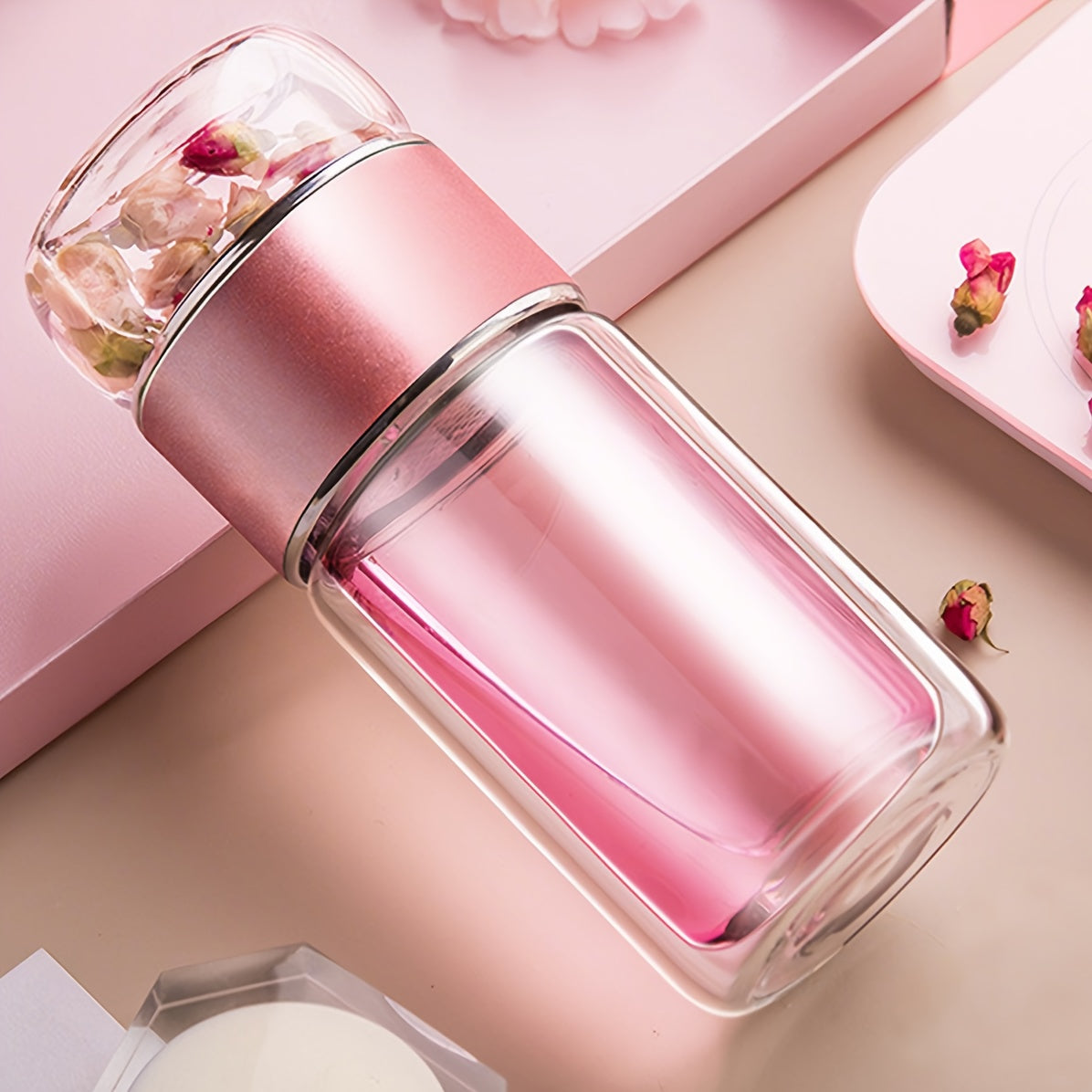 Portable Separate Tea Infuser Glass Water Bottle, Double Wall Mini Glass Tumbler, Independent Tea Storage Chamber for Flower Tea Loose Leaf Tea