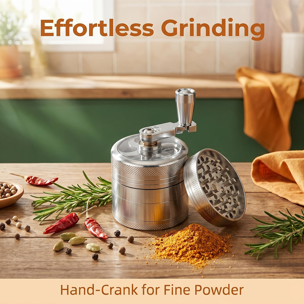 4-Layer Hand Crank Spice Grinder, Manual Aluminum Herb Mill with Handle, Magnetic Lid, Fine Mesh Filter for Spices, Dried Herbs, Coffee Beans