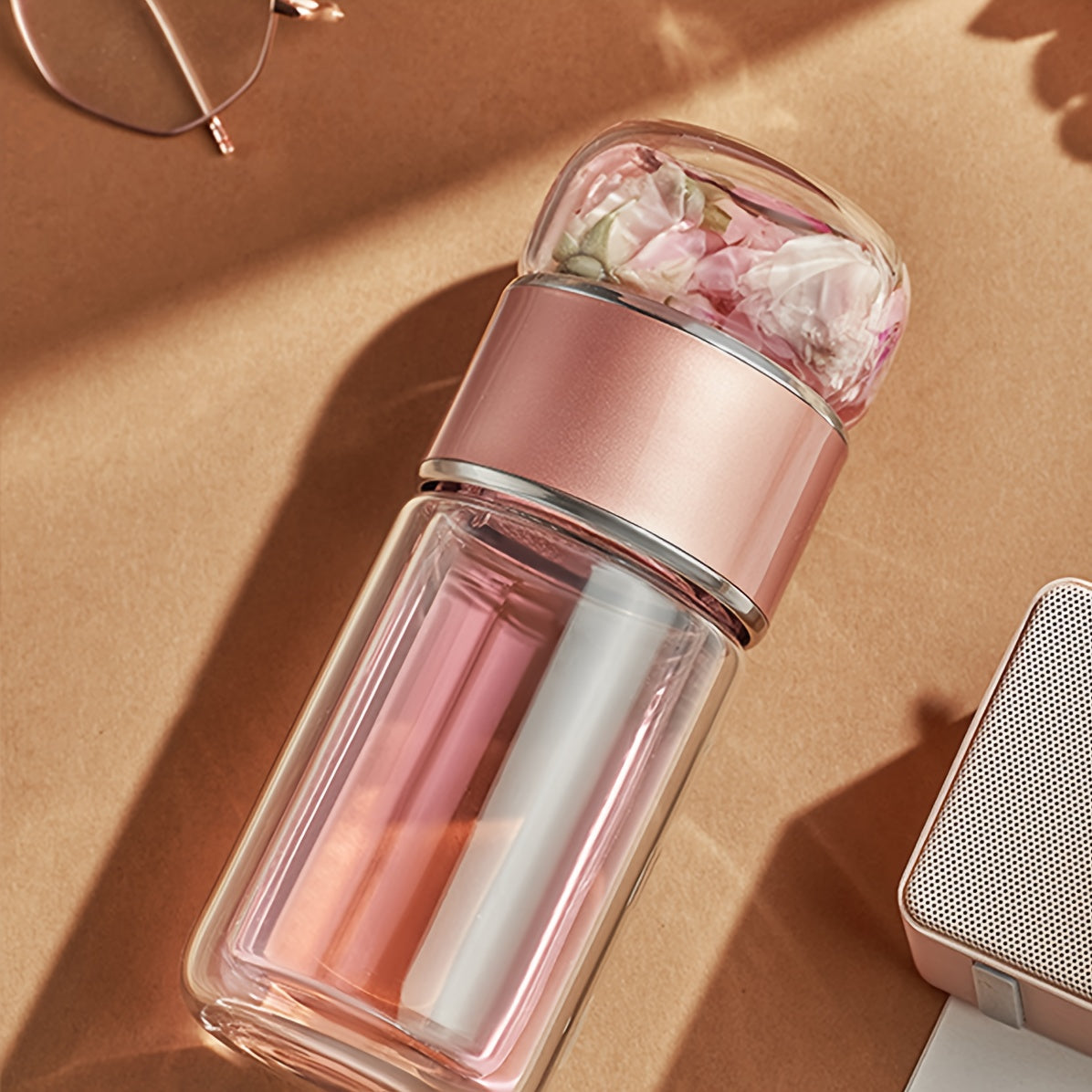 Portable Separate Tea Infuser Glass Water Bottle, Double Wall Mini Glass Tumbler, Independent Tea Storage Chamber for Flower Tea Loose Leaf Tea