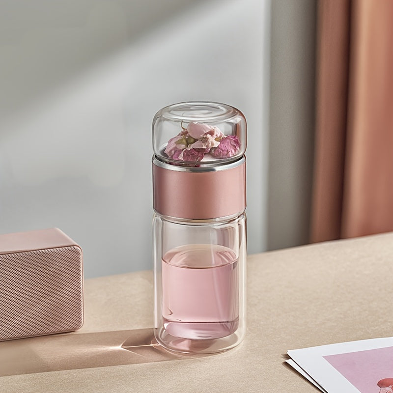 Portable Separate Tea Infuser Glass Water Bottle, Double Wall Mini Glass Tumbler, Independent Tea Storage Chamber for Flower Tea Loose Leaf Tea