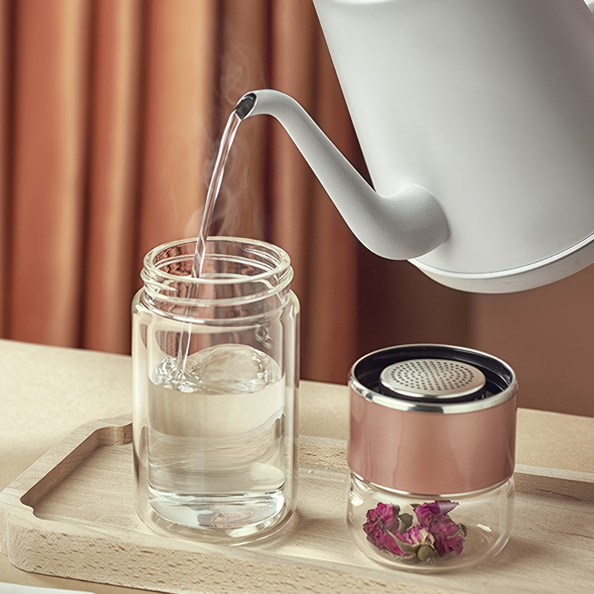 Portable Separate Tea Infuser Glass Water Bottle, Double Wall Mini Glass Tumbler, Independent Tea Storage Chamber for Flower Tea Loose Leaf Tea