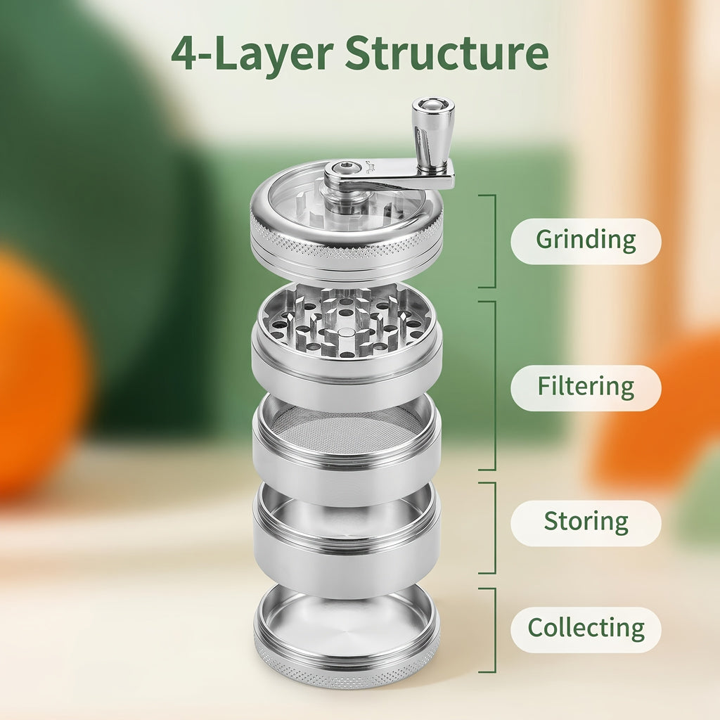 4-Layer Hand Crank Spice Grinder, Manual Aluminum Herb Mill with Handle, Magnetic Lid, Fine Mesh Filter for Spices, Dried Herbs, Coffee Beans