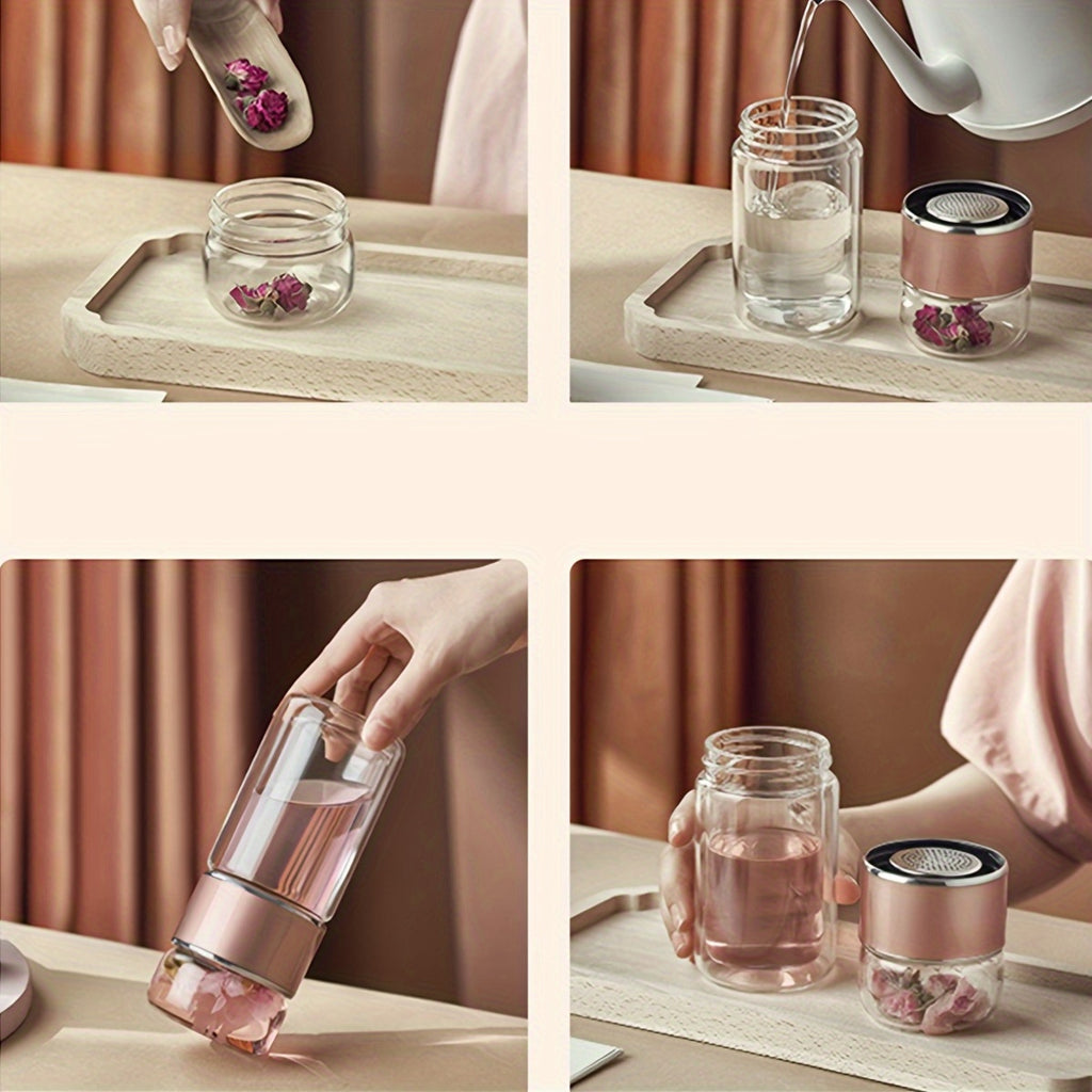 Portable Separate Tea Infuser Glass Water Bottle, Double Wall Mini Glass Tumbler, Independent Tea Storage Chamber for Flower Tea Loose Leaf Tea