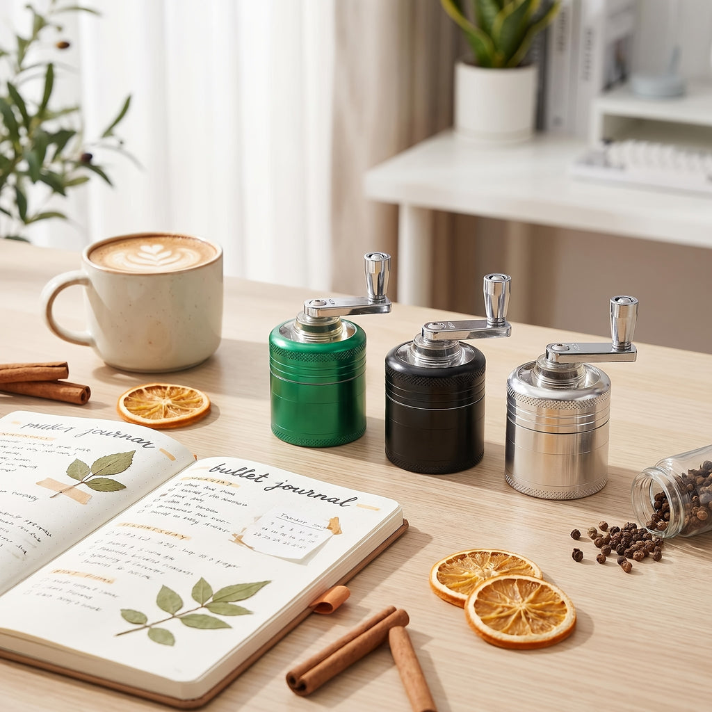 4-Layer Hand Crank Spice Grinder, Manual Aluminum Herb Mill with Handle, Magnetic Lid, Fine Mesh Filter for Spices, Dried Herbs, Coffee Beans
