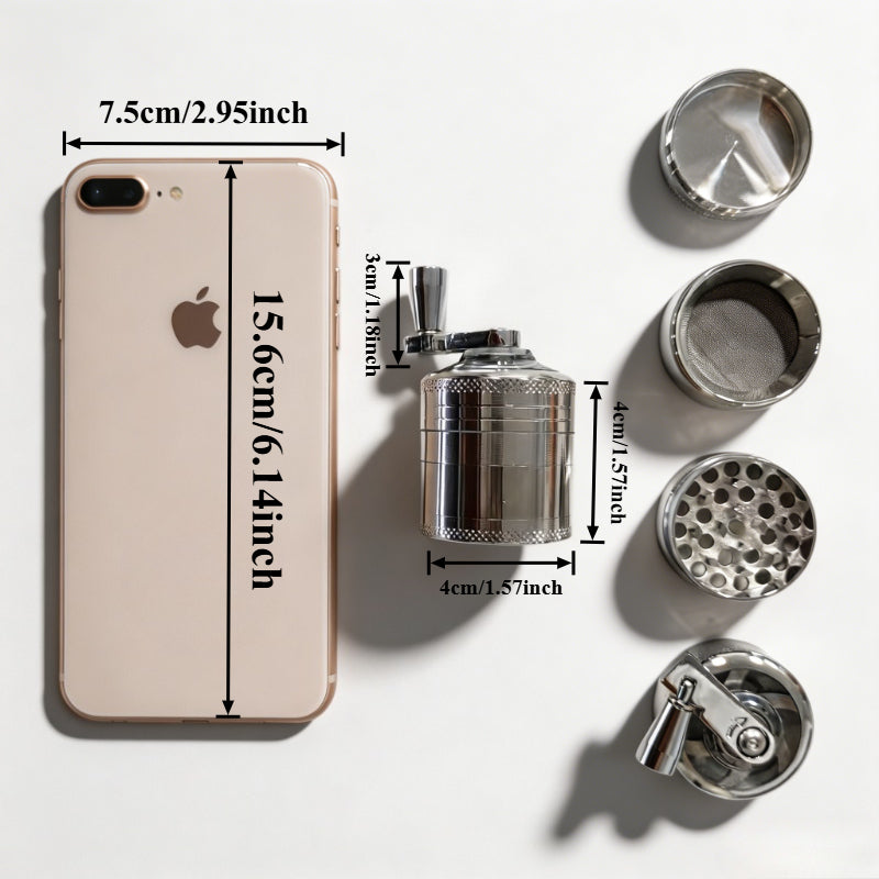 4-Layer Hand Crank Spice Grinder, Manual Aluminum Herb Mill with Handle, Magnetic Lid, Fine Mesh Filter for Spices, Dried Herbs, Coffee Beans