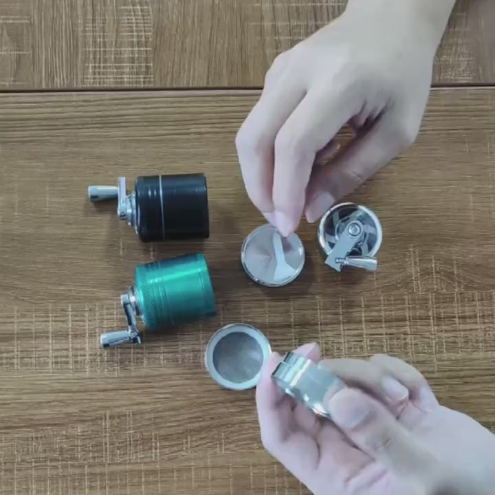 4-Layer Hand Crank Spice Grinder, Manual Aluminum Herb Mill with Handle, Magnetic Lid, Fine Mesh Filter for Spices, Dried Herbs, Coffee Beans